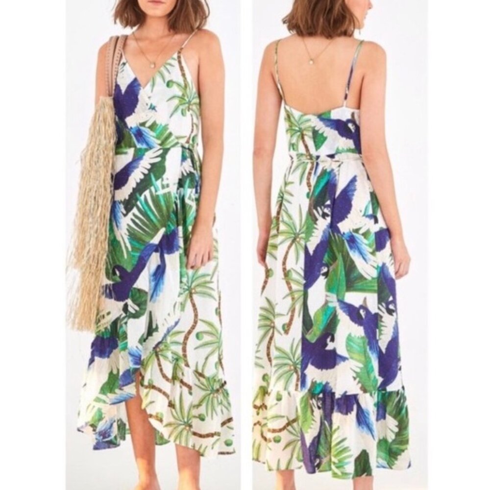 Farm Rio palm and tropical print maxi sleeveless wrap dress XS